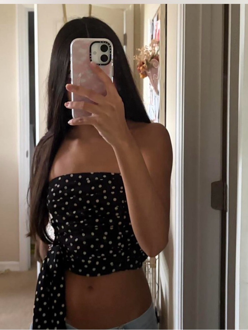 Express Black Polka Dot Strapless Tie-Waist Crop Top